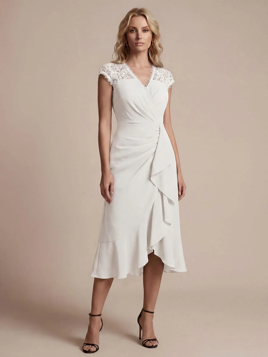 Elegant Cap Sleeve Lace Patchwork Midi Mermaid Wedding Guest Dress - Image 34