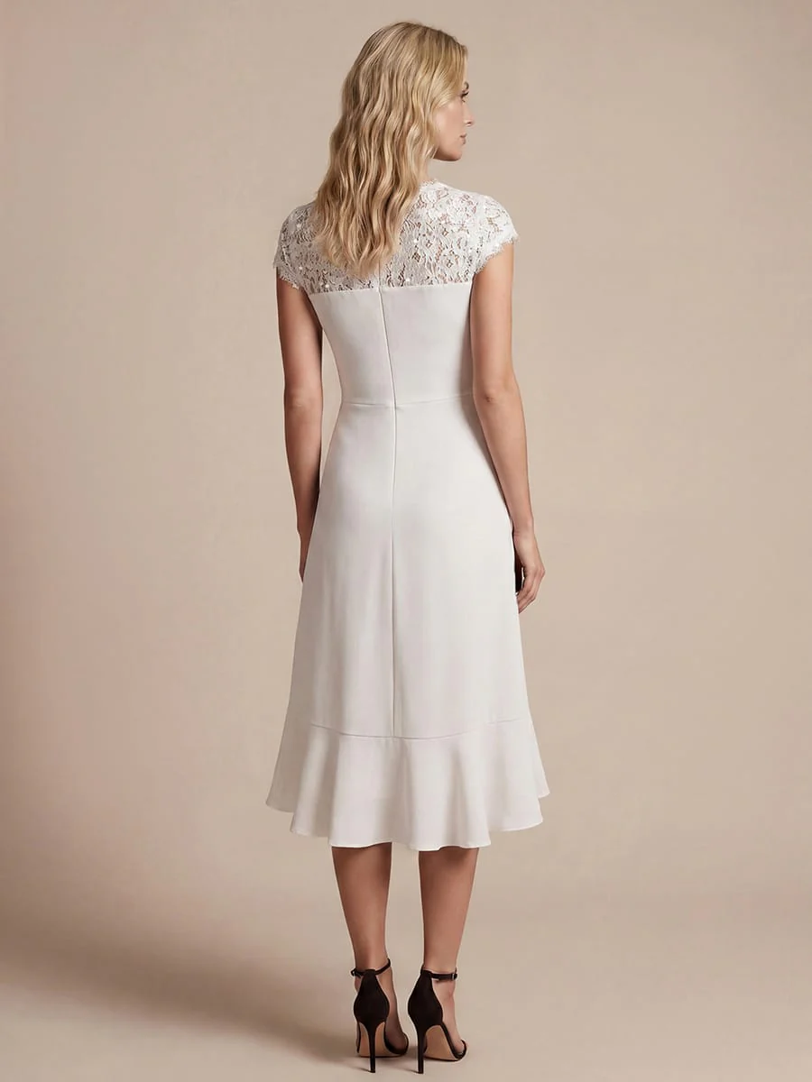 Elegant Cap Sleeve Lace Patchwork Midi Mermaid Wedding Guest Dress - Image 35