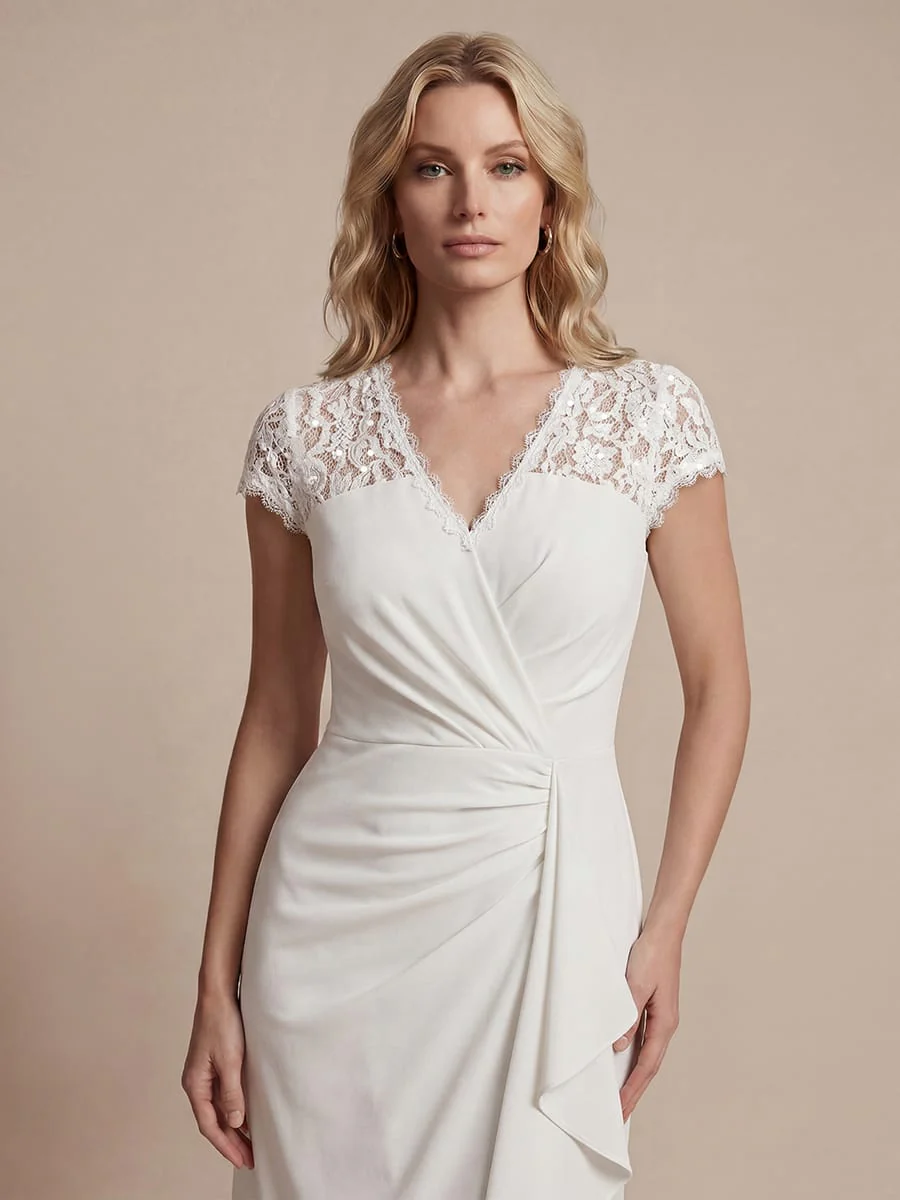Elegant Cap Sleeve Lace Patchwork Midi Mermaid Wedding Guest Dress - Image 36