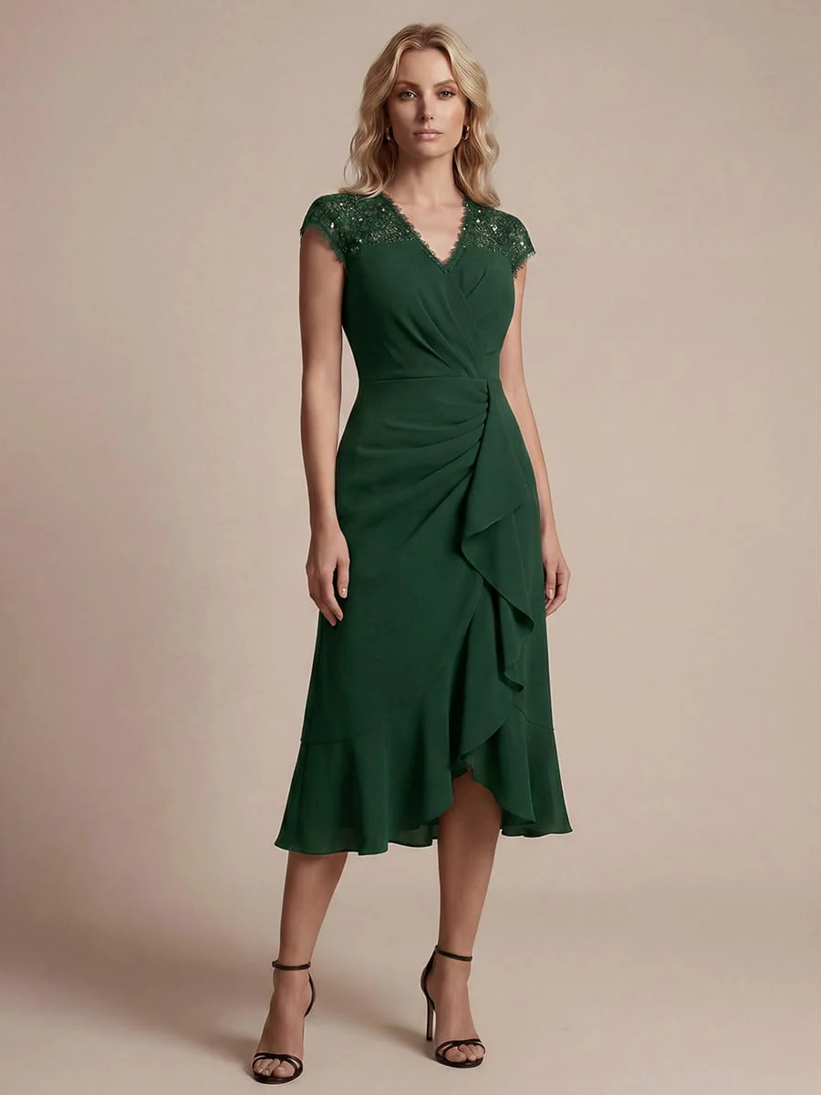 Elegant Cap Sleeve Lace Patchwork Midi Mermaid Wedding Guest Dress - Image 9