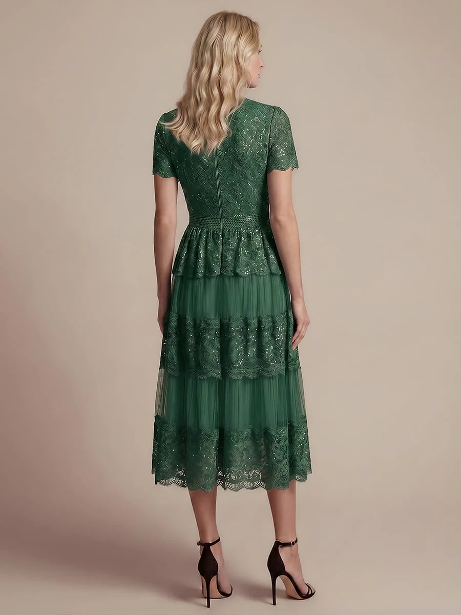 High Stretch Lace Spliced A-Line Flutter Sleeve Patchwork Wedding Guest Dress - Image 23