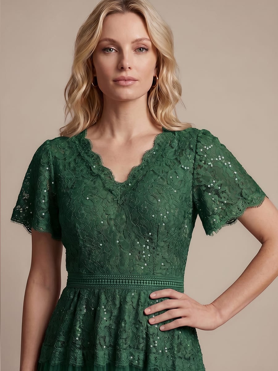 High Stretch Lace Spliced A-Line Flutter Sleeve Patchwork Wedding Guest Dress - Image 24