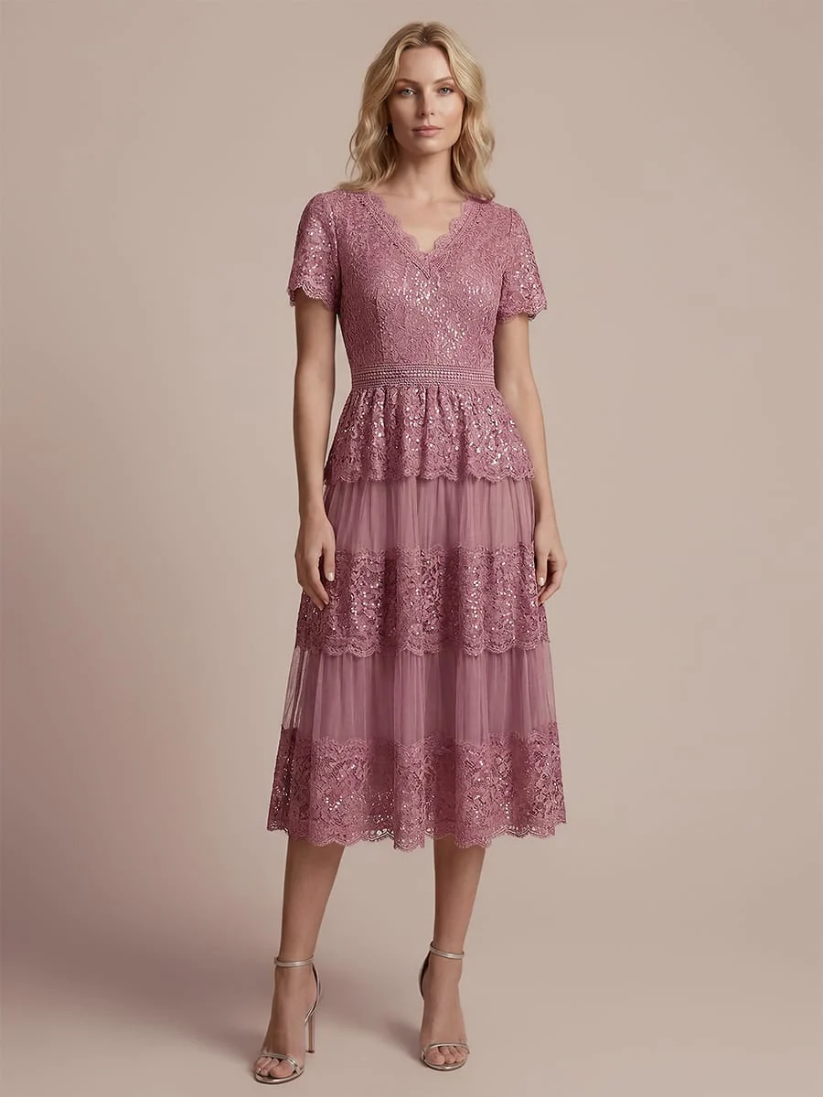 High Stretch Lace Spliced A-Line Flutter Sleeve Patchwork Wedding Guest Dress - Image 28