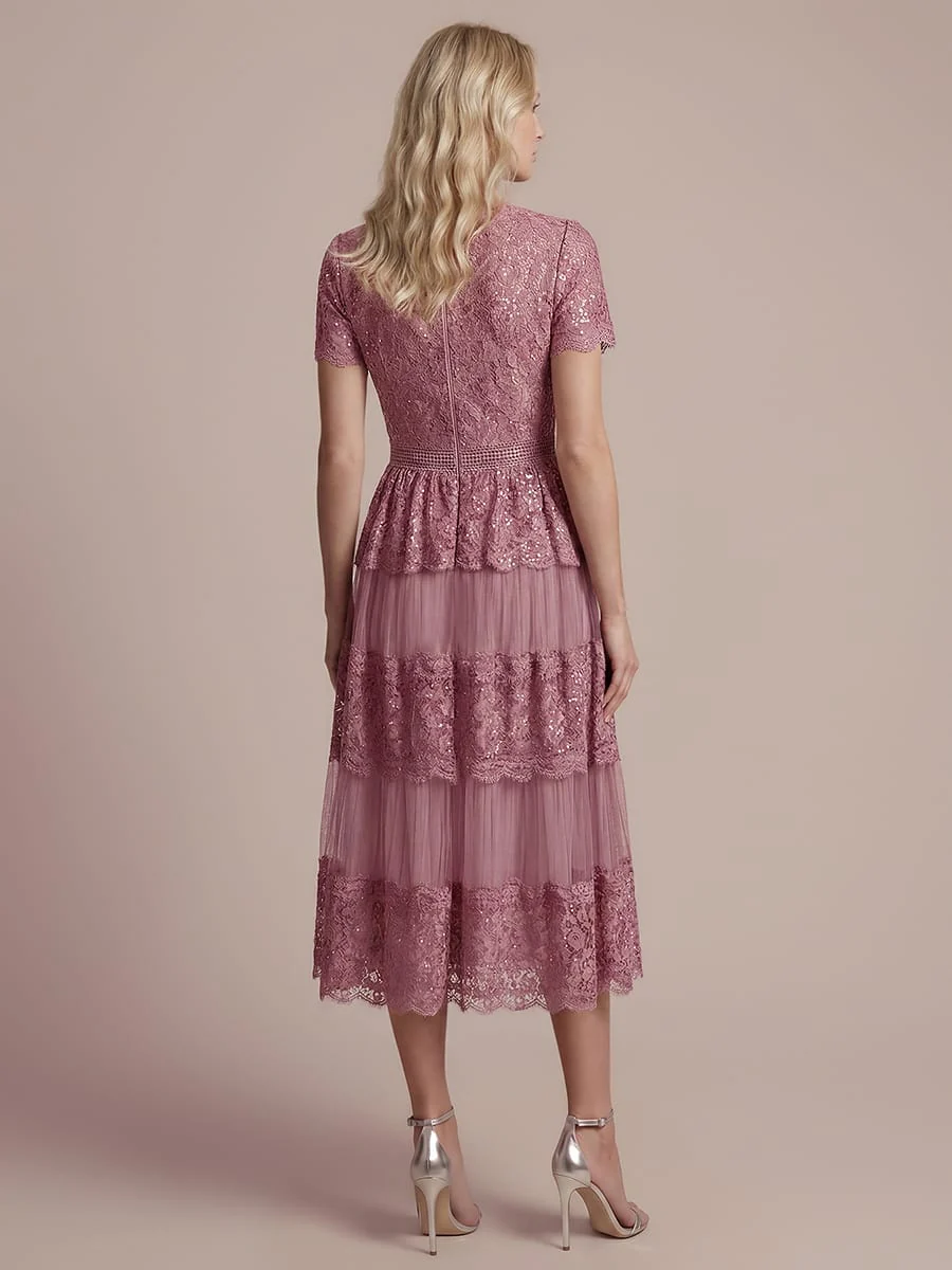 High Stretch Lace Spliced A-Line Flutter Sleeve Patchwork Wedding Guest Dress - Image 29