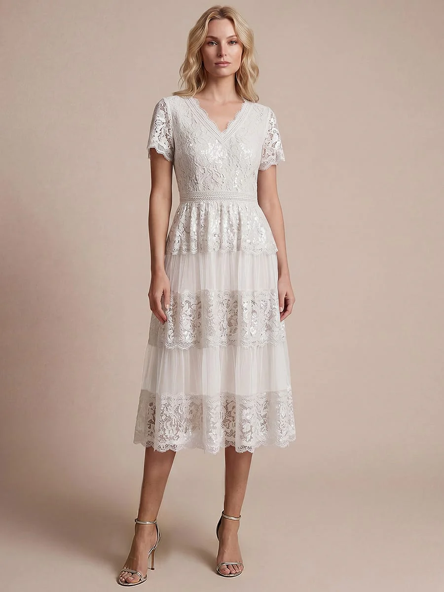 High Stretch Lace Spliced A-Line Flutter Sleeve Patchwork Wedding Guest Dress - Image 3