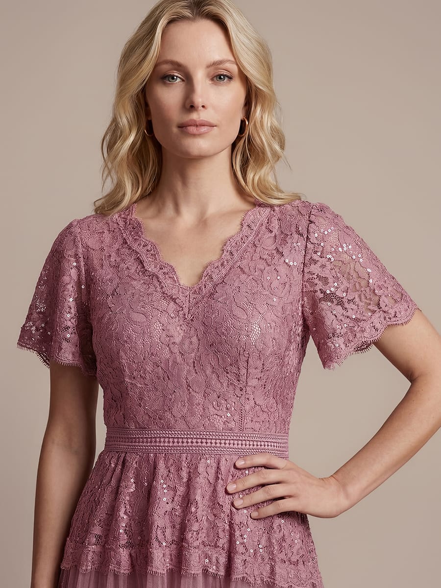 High Stretch Lace Spliced A-Line Flutter Sleeve Patchwork Wedding Guest Dress - Image 30