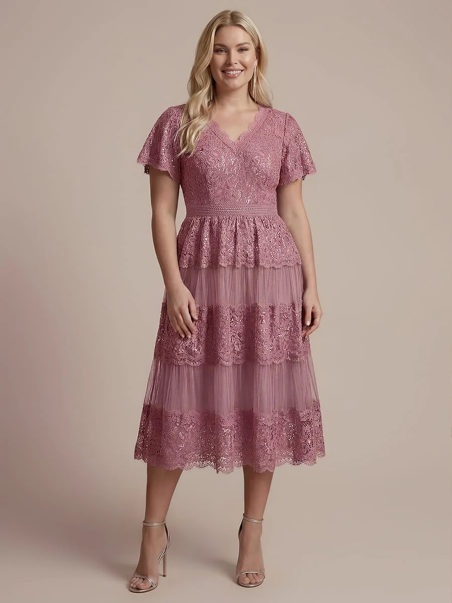 High Stretch Lace Spliced A-Line Flutter Sleeve Patchwork Wedding Guest Dress - Image 31