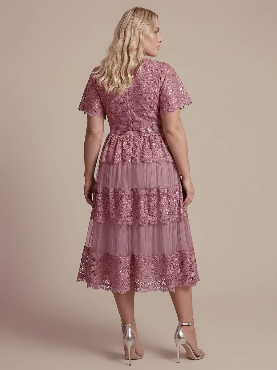 High Stretch Lace Spliced A-Line Flutter Sleeve Patchwork Wedding Guest Dress - Image 32