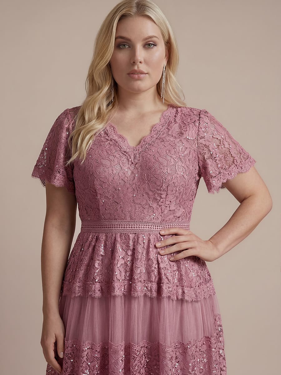 High Stretch Lace Spliced A-Line Flutter Sleeve Patchwork Wedding Guest Dress - Image 33