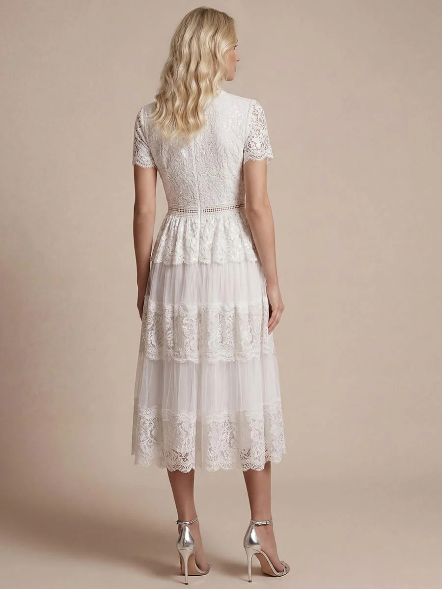 High Stretch Lace Spliced A-Line Flutter Sleeve Patchwork Wedding Guest Dress - Image 4