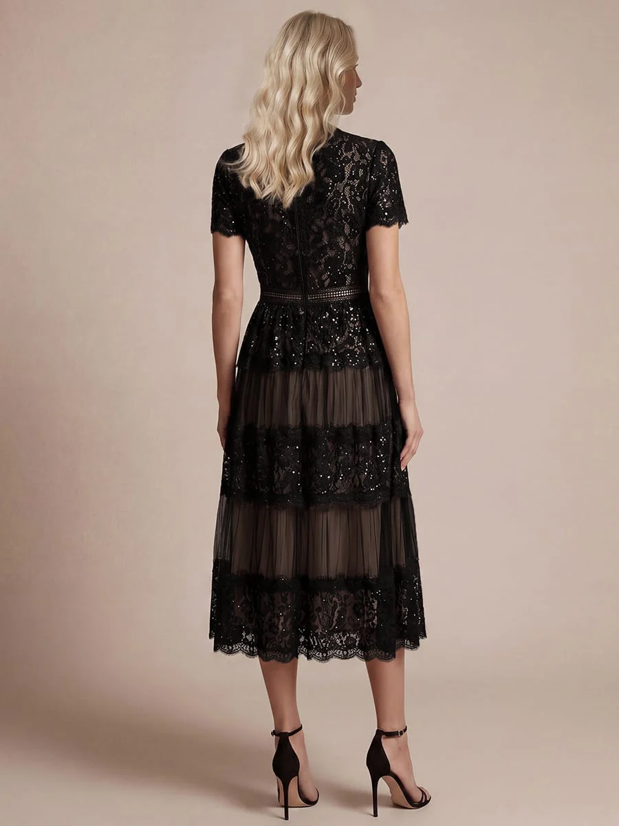 High Stretch Lace Spliced A-Line Flutter Sleeve Patchwork Wedding Guest Dress - Image 6