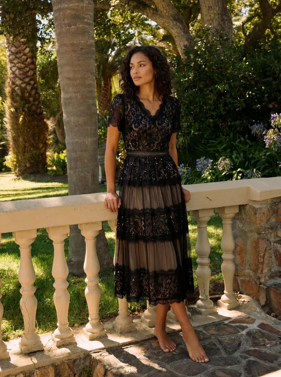 High Stretch Lace Spliced A-Line Flutter Sleeve Patchwork Wedding Guest Dress - Image 7