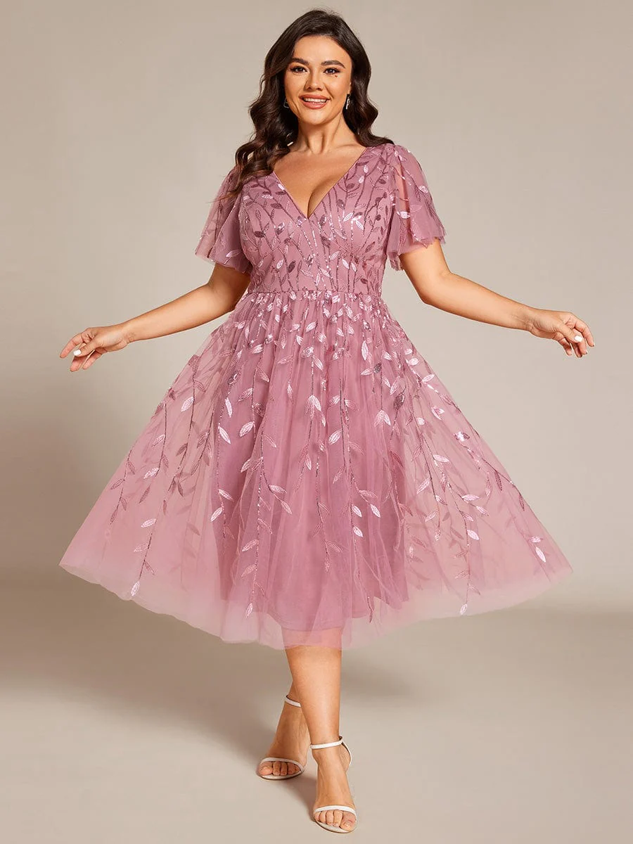 ever SIMONE|Leaf Sequin Short Sleeve Tulle Midi Evening Dress(Final Sale) - Image 101