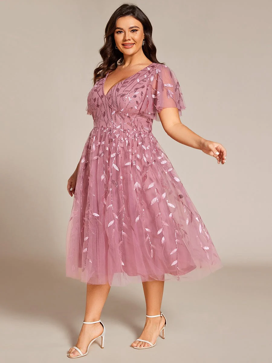 ever SIMONE|Leaf Sequin Short Sleeve Tulle Midi Evening Dress(Final Sale) - Image 102