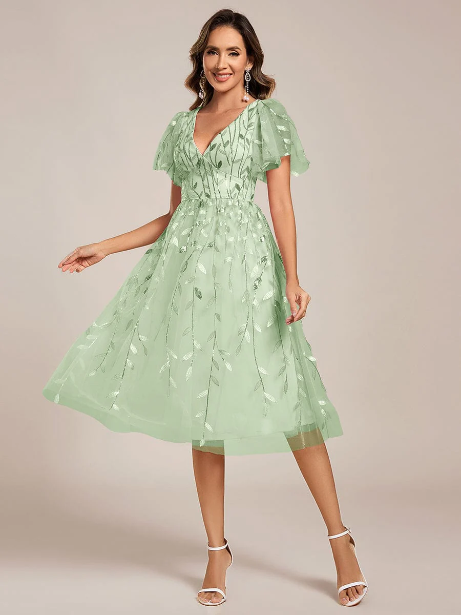 ever SIMONE|Leaf Sequin Short Sleeve Tulle Midi Evening Dress(Final Sale) - Image 103