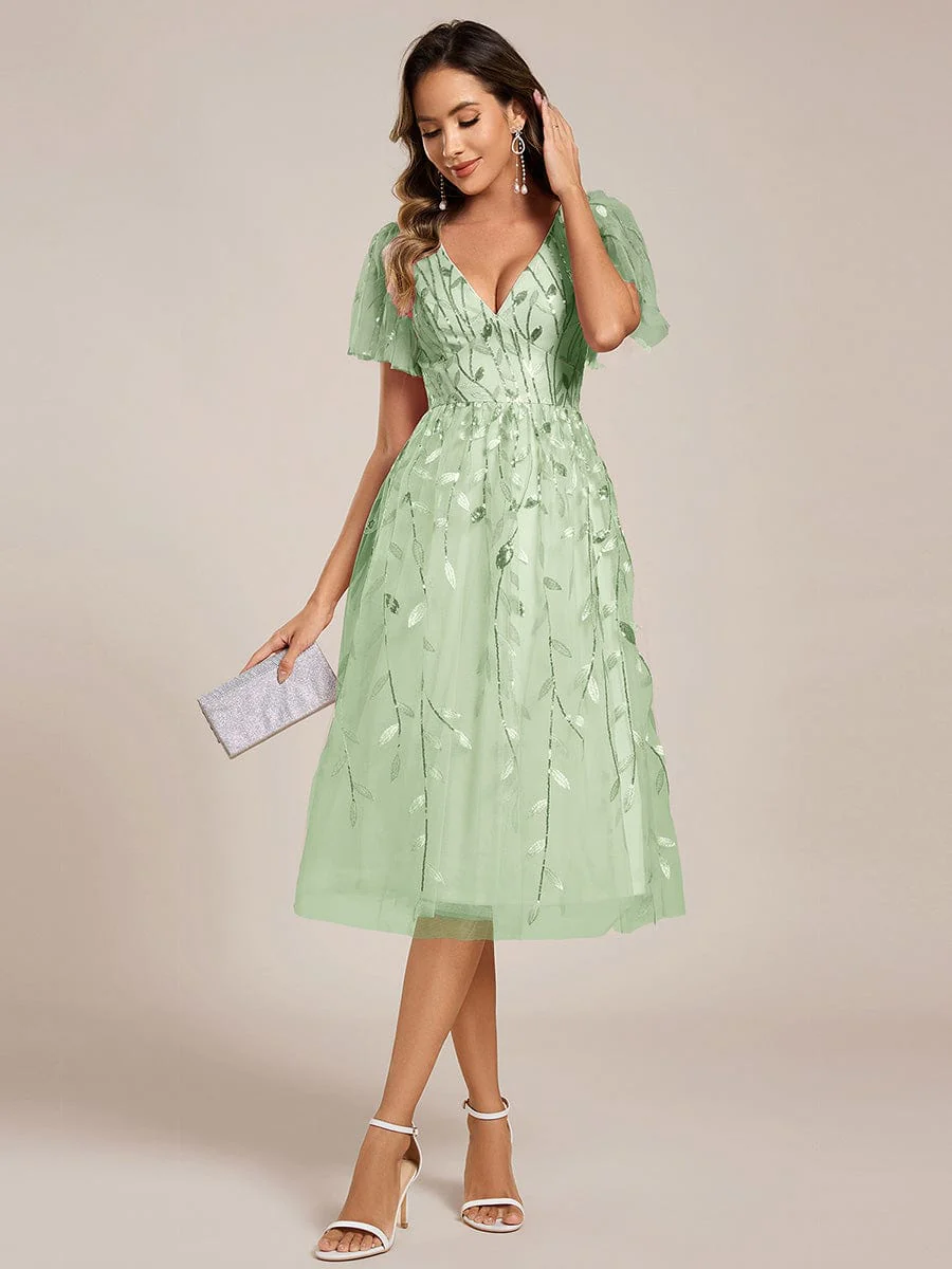 ever SIMONE|Leaf Sequin Short Sleeve Tulle Midi Evening Dress(Final Sale) - Image 107