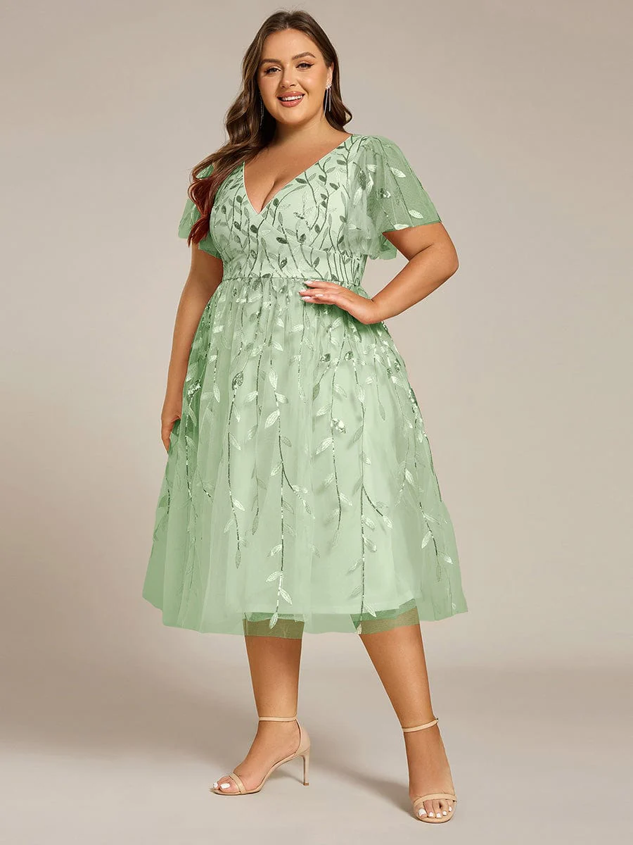 ever SIMONE|Leaf Sequin Short Sleeve Tulle Midi Evening Dress(Final Sale) - Image 112