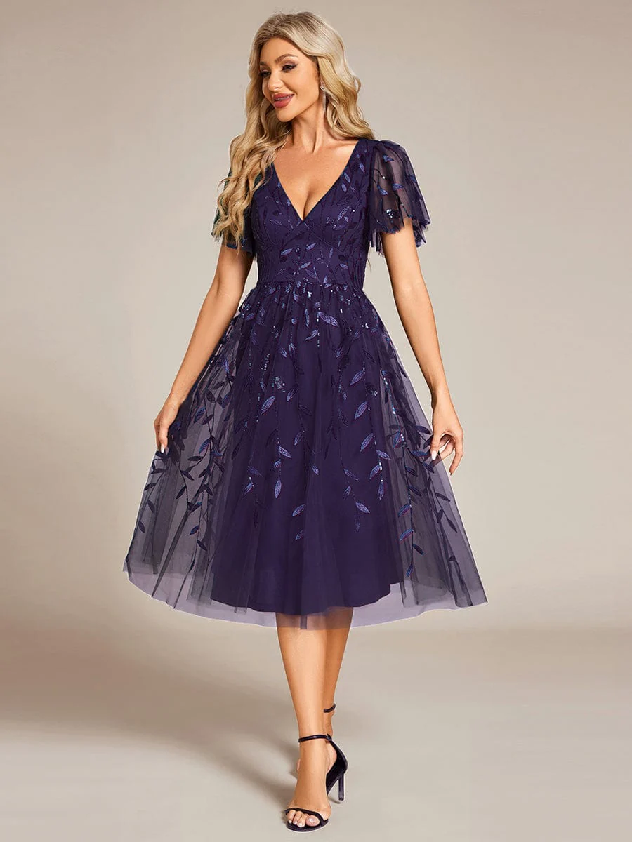ever SIMONE|Leaf Sequin Short Sleeve Tulle Midi Evening Dress(Final Sale) - Image 113