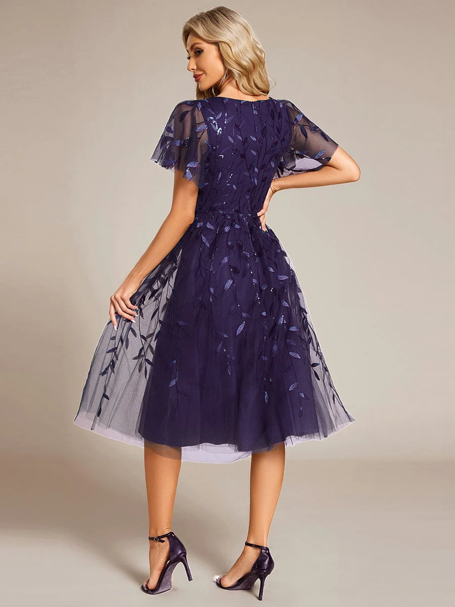 ever SIMONE|Leaf Sequin Short Sleeve Tulle Midi Evening Dress(Final Sale) - Image 114