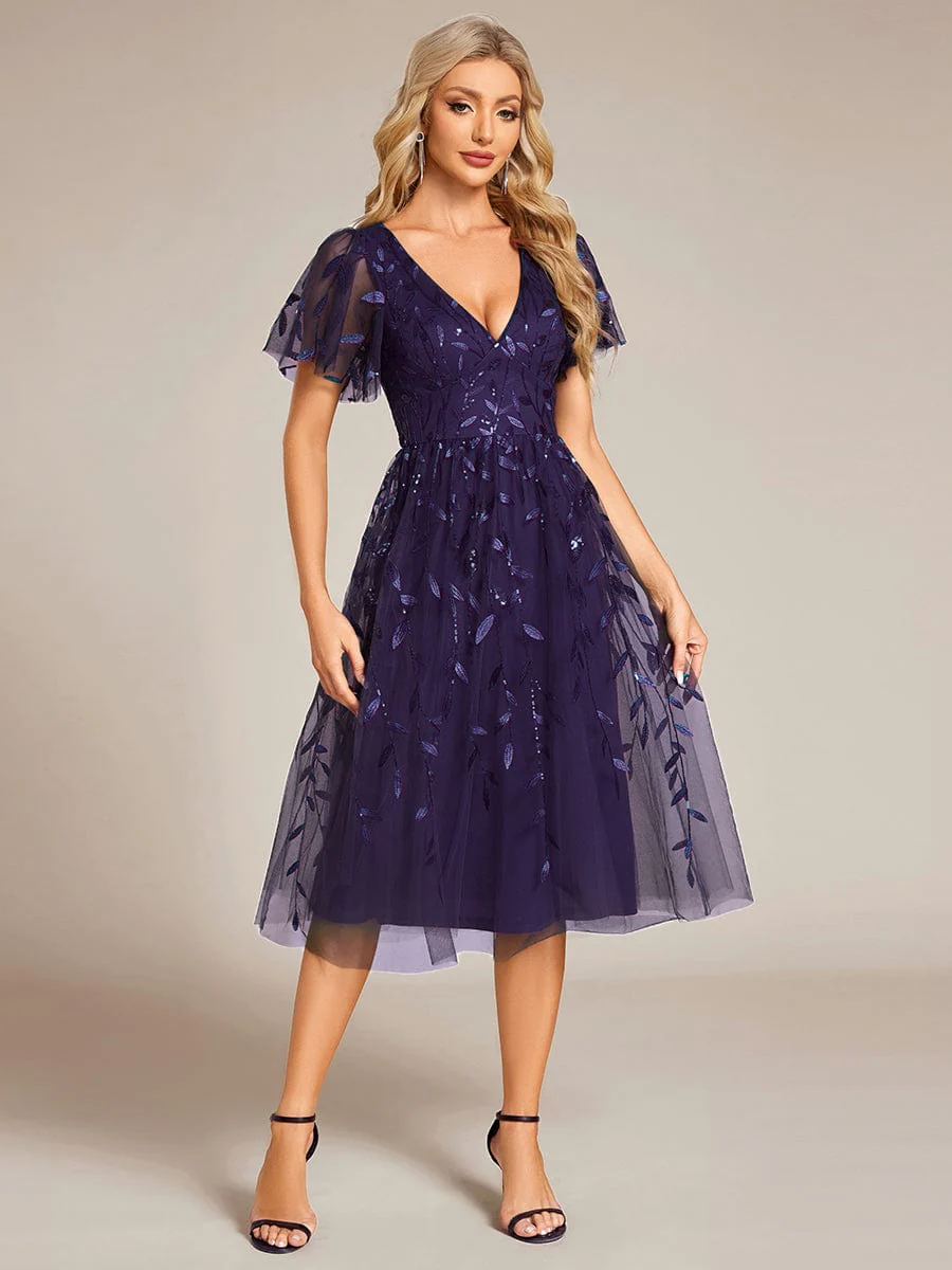 ever SIMONE|Leaf Sequin Short Sleeve Tulle Midi Evening Dress(Final Sale) - Image 116