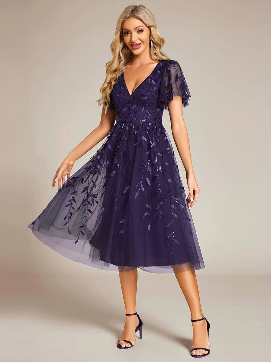 ever SIMONE|Leaf Sequin Short Sleeve Tulle Midi Evening Dress(Final Sale) - Image 117