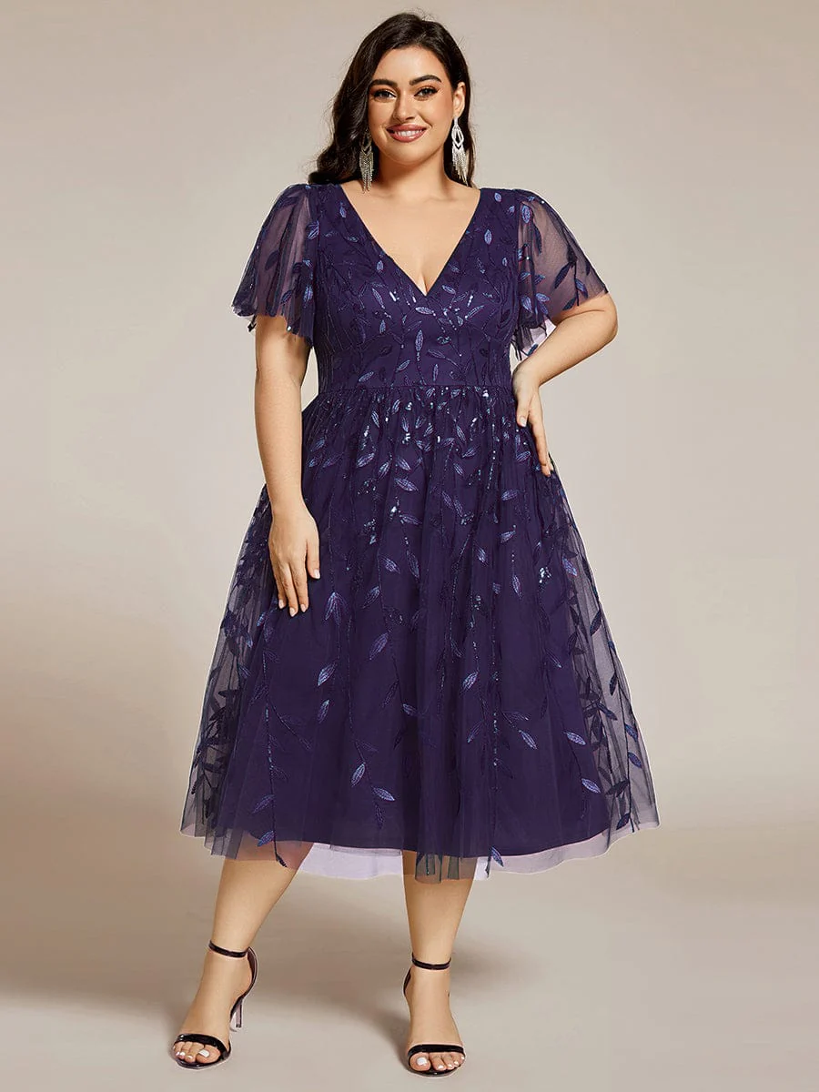 ever SIMONE|Leaf Sequin Short Sleeve Tulle Midi Evening Dress(Final Sale) - Image 118