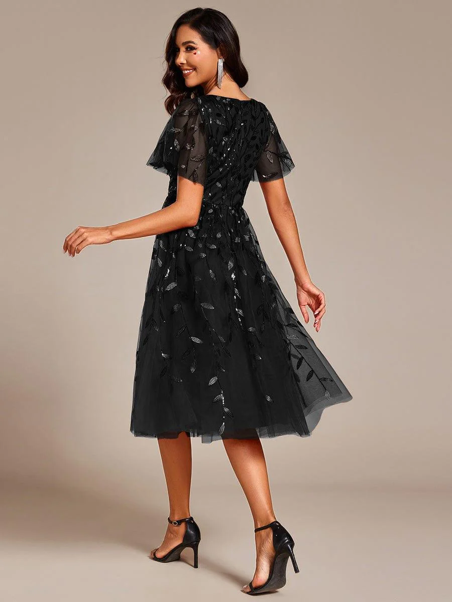 ever SIMONE|Leaf Sequin Short Sleeve Tulle Midi Evening Dress(Final Sale) - Image 14