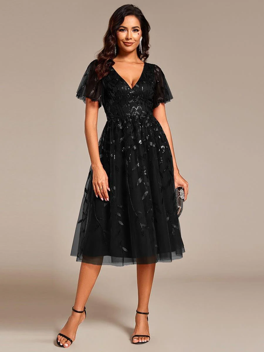 ever SIMONE|Leaf Sequin Short Sleeve Tulle Midi Evening Dress(Final Sale) - Image 18