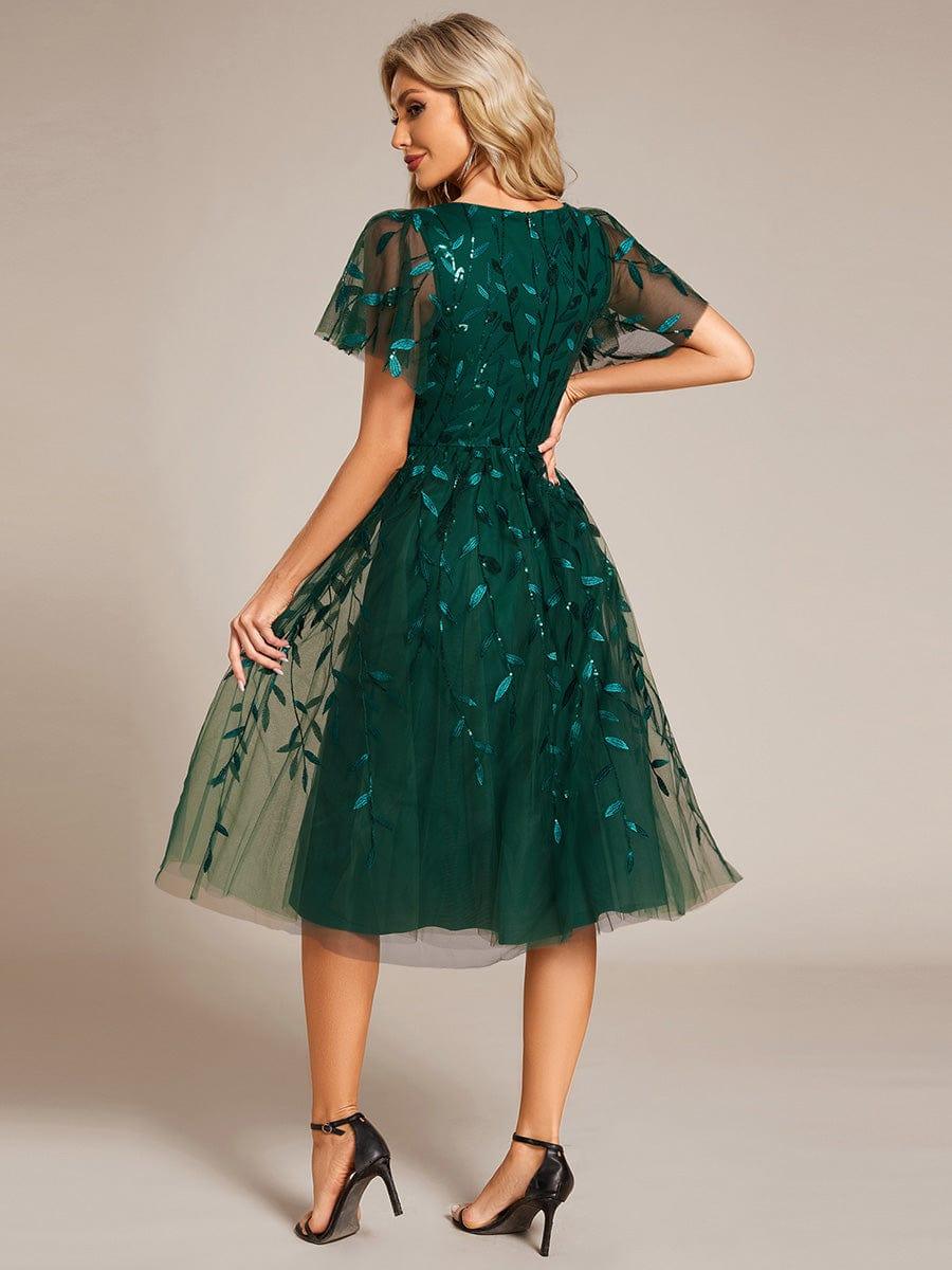 ever SIMONE|Leaf Sequin Short Sleeve Tulle Midi Evening Dress(Final Sale) - Image 2