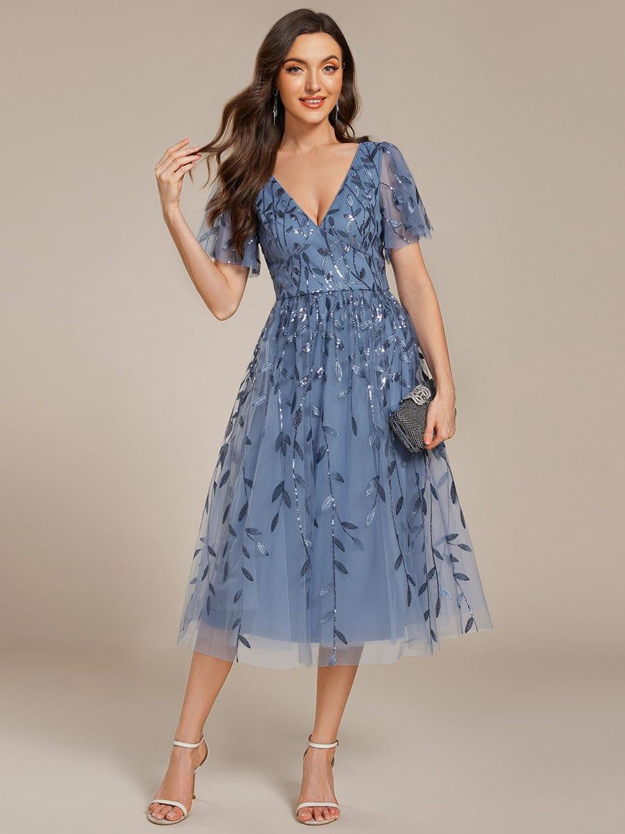 ever SIMONE|Leaf Sequin Short Sleeve Tulle Midi Evening Dress(Final Sale) - Image 3
