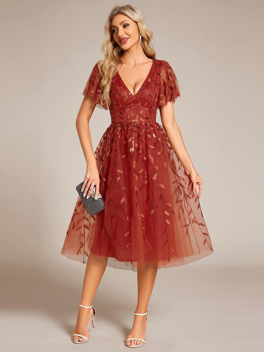 ever SIMONE|Leaf Sequin Short Sleeve Tulle Midi Evening Dress(Final Sale) - Image 4