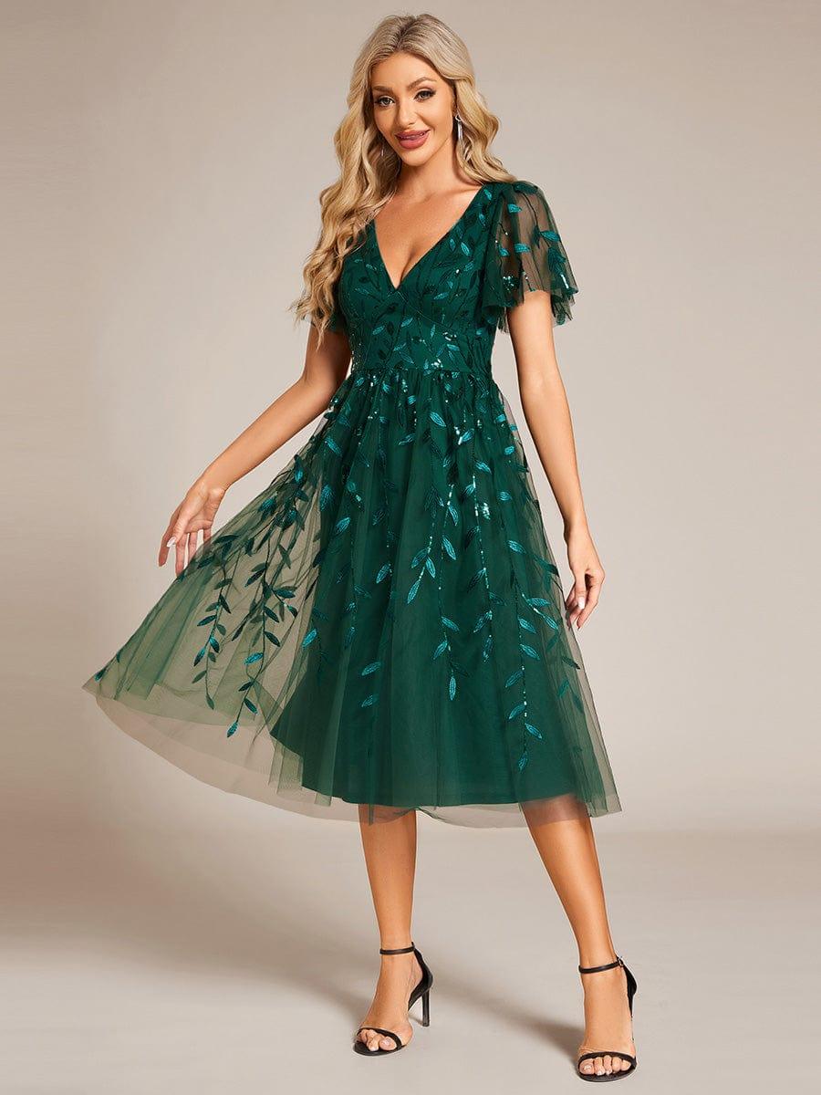 ever SIMONE|Leaf Sequin Short Sleeve Tulle Midi Evening Dress(Final Sale) - Image 49
