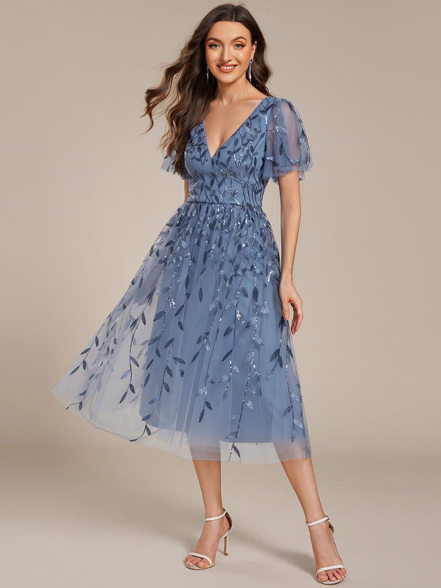 ever SIMONE|Leaf Sequin Short Sleeve Tulle Midi Evening Dress(Final Sale) - Image 56