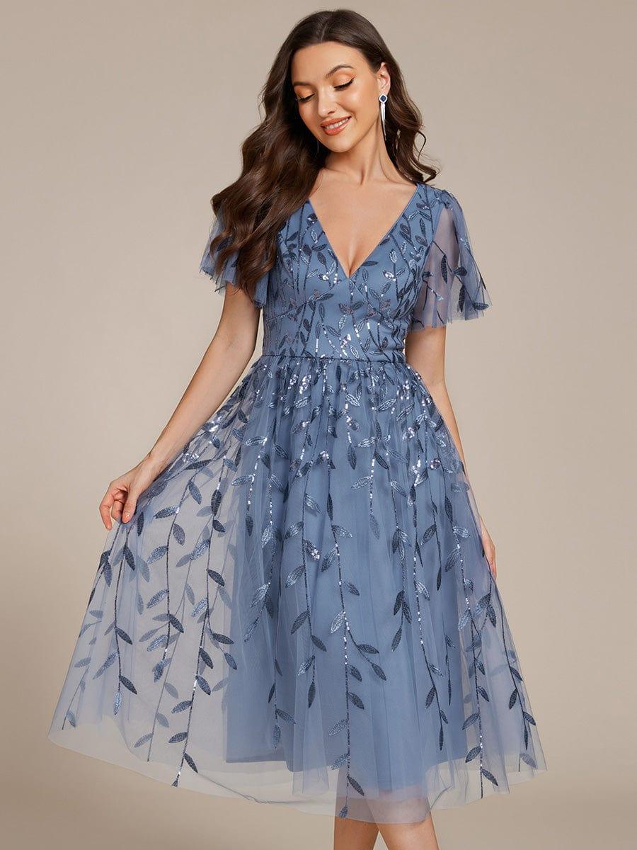 ever SIMONE|Leaf Sequin Short Sleeve Tulle Midi Evening Dress(Final Sale) - Image 57