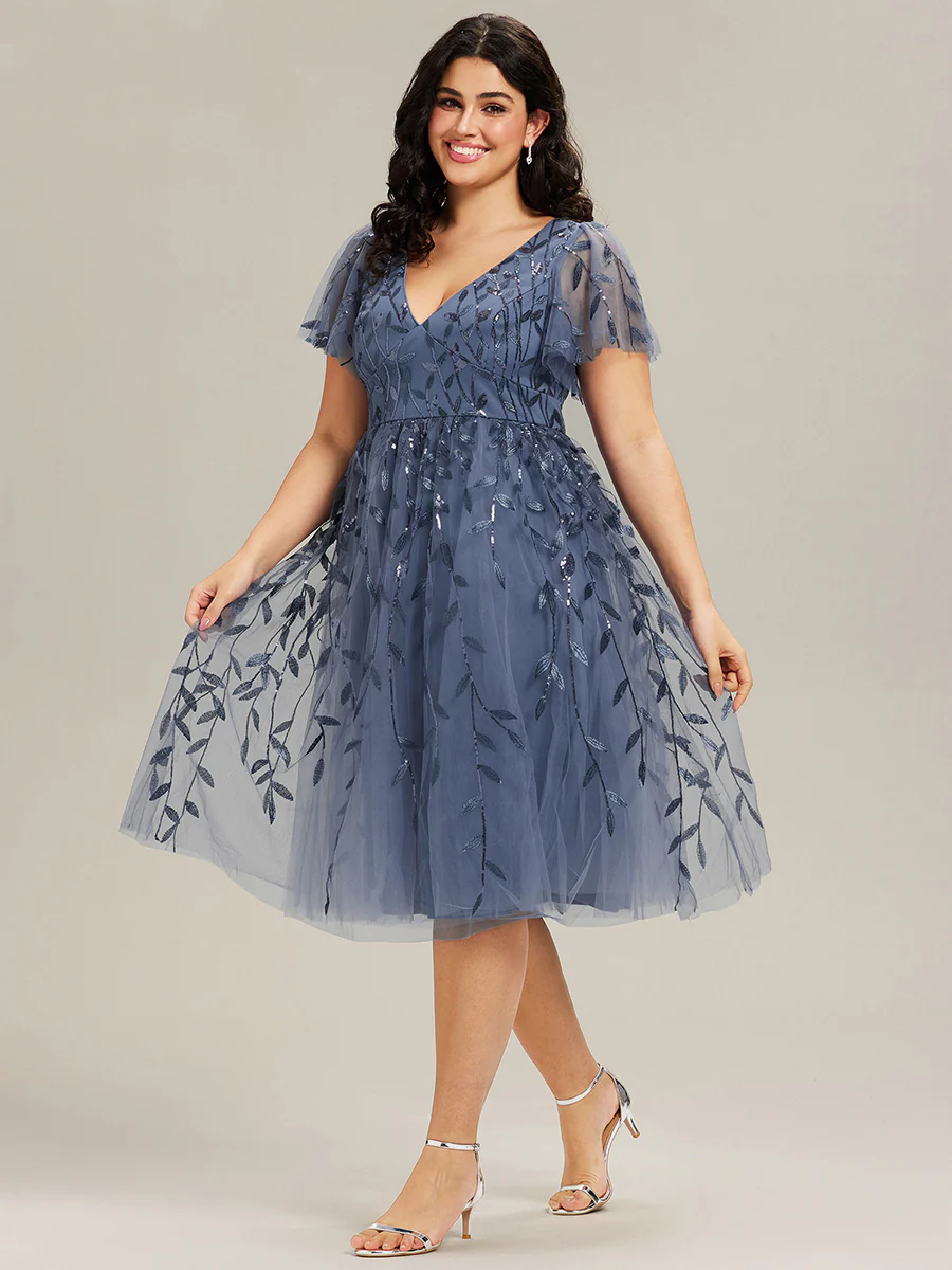 ever SIMONE|Leaf Sequin Short Sleeve Tulle Midi Evening Dress(Final Sale) - Image 58