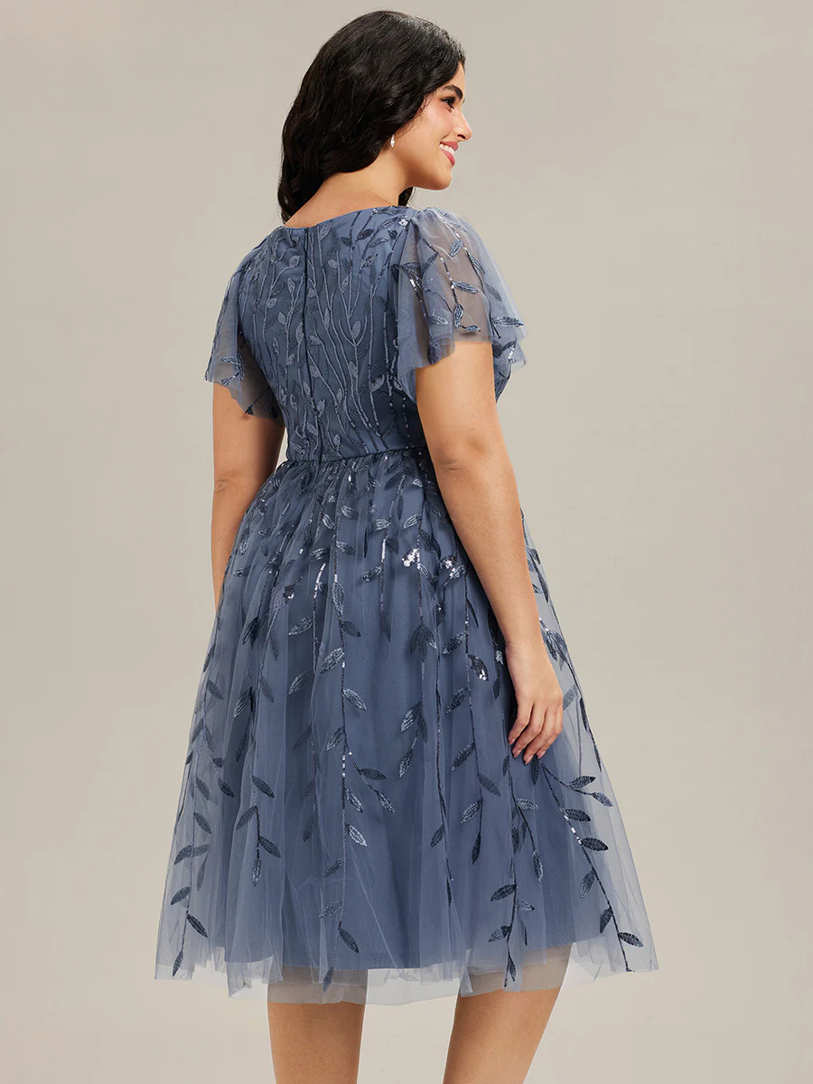 ever SIMONE|Leaf Sequin Short Sleeve Tulle Midi Evening Dress(Final Sale) - Image 59