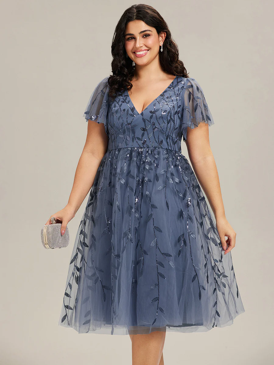 ever SIMONE|Leaf Sequin Short Sleeve Tulle Midi Evening Dress(Final Sale) - Image 62