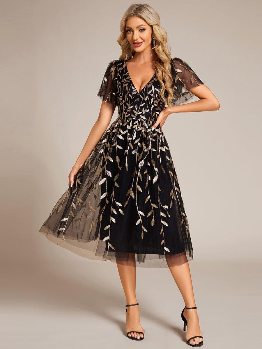 ever SIMONE|Leaf Sequin Short Sleeve Tulle Midi Evening Dress(Final Sale) - Image 67