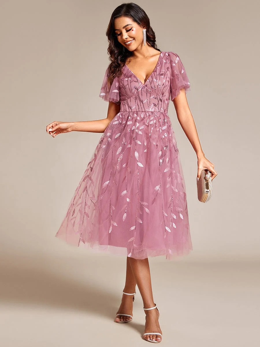 ever SIMONE|Leaf Sequin Short Sleeve Tulle Midi Evening Dress(Final Sale) - Image 93
