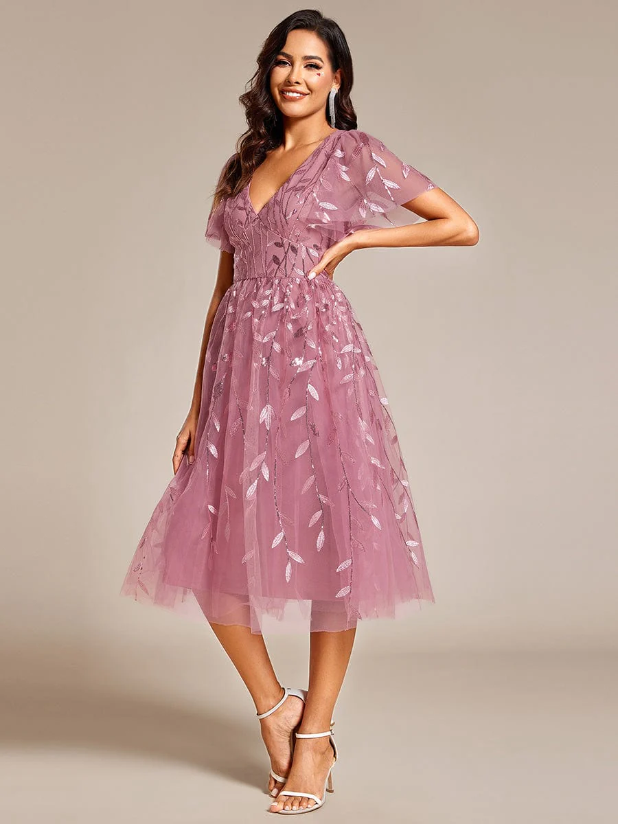 ever SIMONE|Leaf Sequin Short Sleeve Tulle Midi Evening Dress(Final Sale) - Image 96