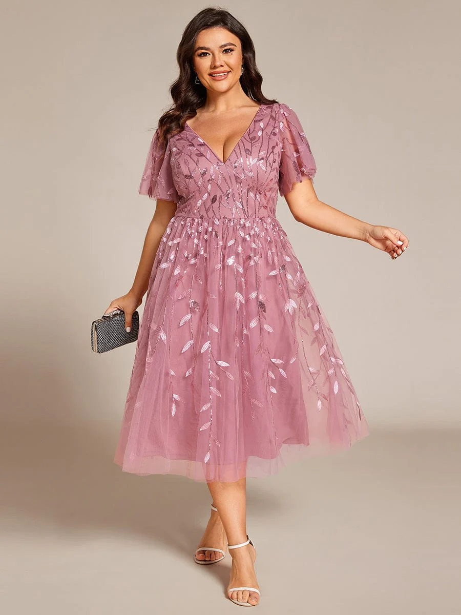 ever SIMONE|Leaf Sequin Short Sleeve Tulle Midi Evening Dress(Final Sale) - Image 98
