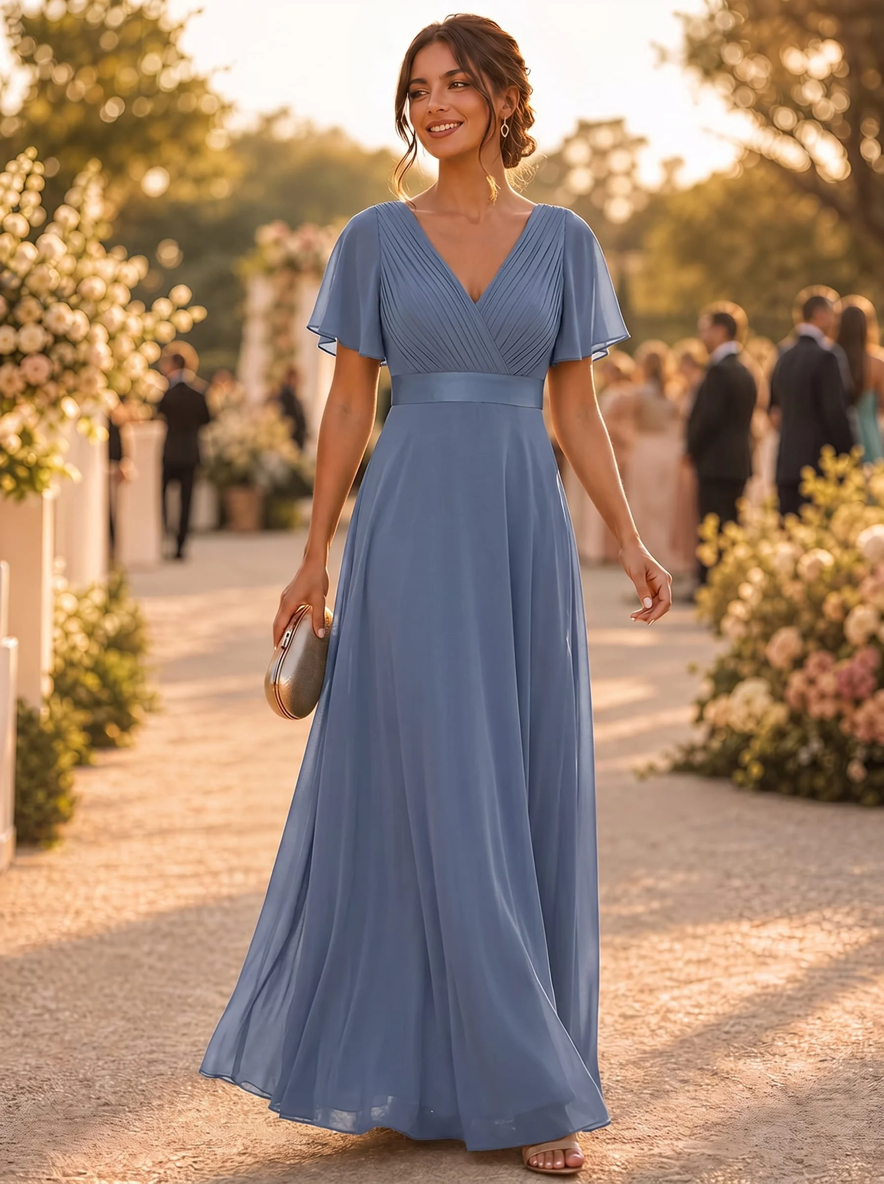 ever MONICA|Long Empire Waist Bridesmaid Dress with Short Flutter Sleeves - Image 137