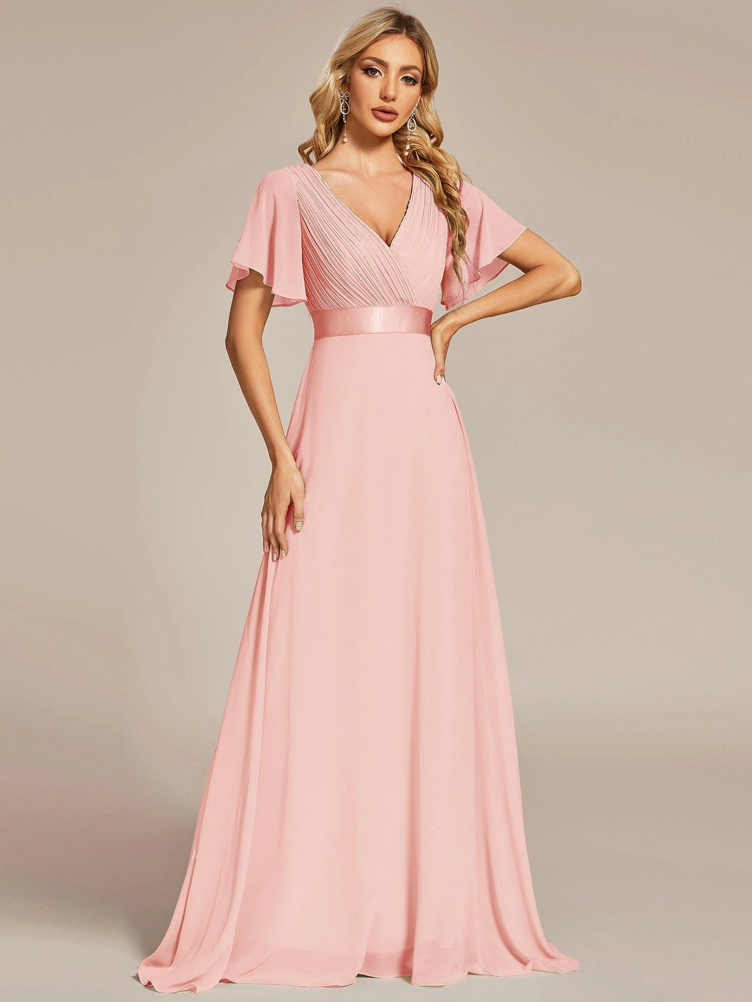 ever MONICA|Long Empire Waist Bridesmaid Dress with Short Flutter Sleeves - Image 24