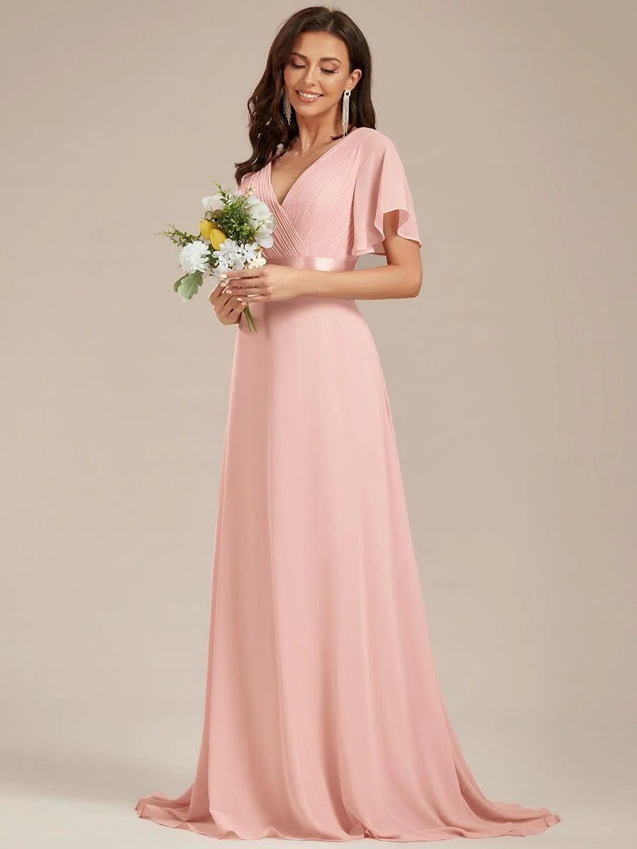ever MONICA|Long Empire Waist Bridesmaid Dress with Short Flutter Sleeves - Image 25
