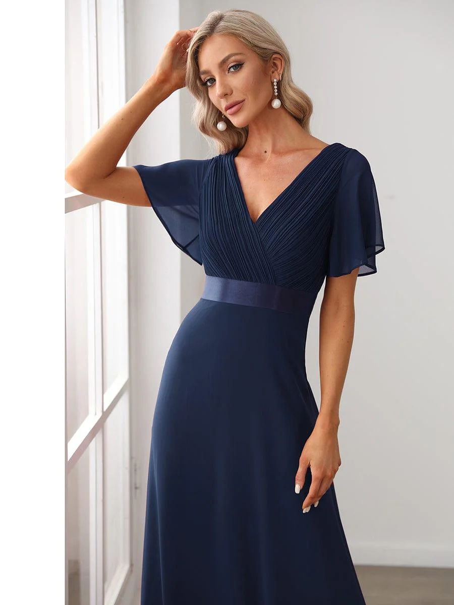 ever MONICA|Long Empire Waist Bridesmaid Dress with Short Flutter Sleeves - Image 35