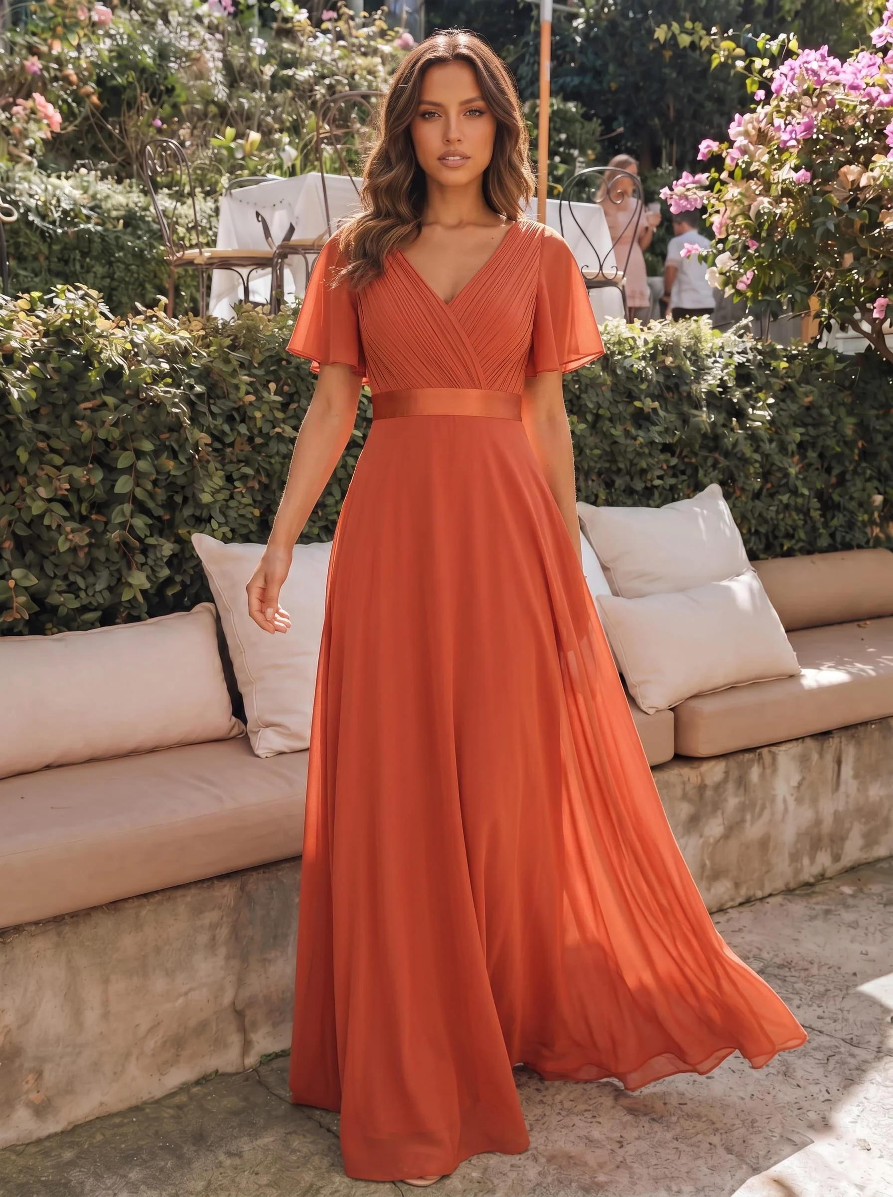 ever MONICA|Long Empire Waist Bridesmaid Dress with Short Flutter Sleeves - Image 71
