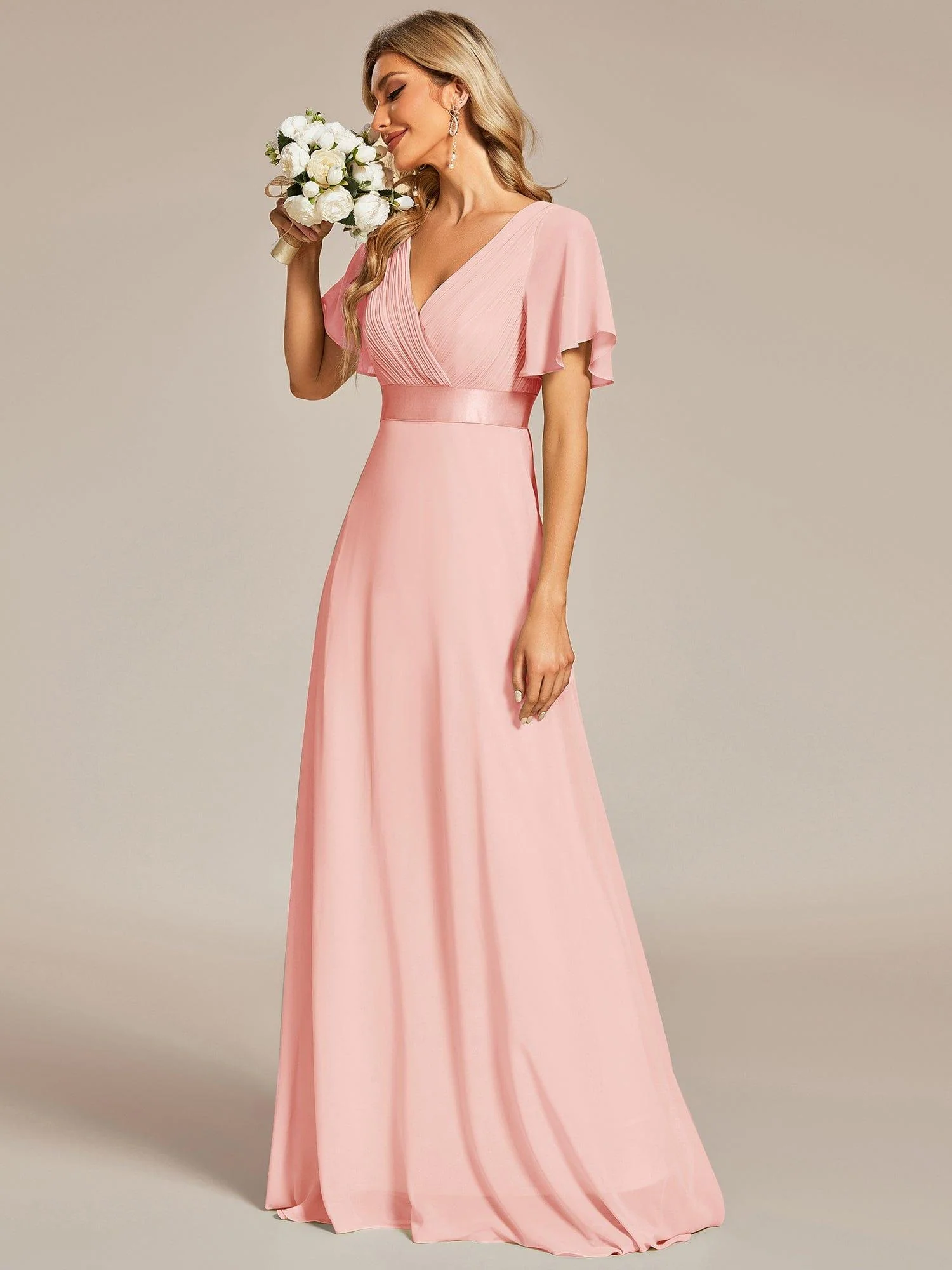 ever MONICA|High Waist Maxi Chiffon Bridesmaid Dress with Short Sleeves - Image 60
