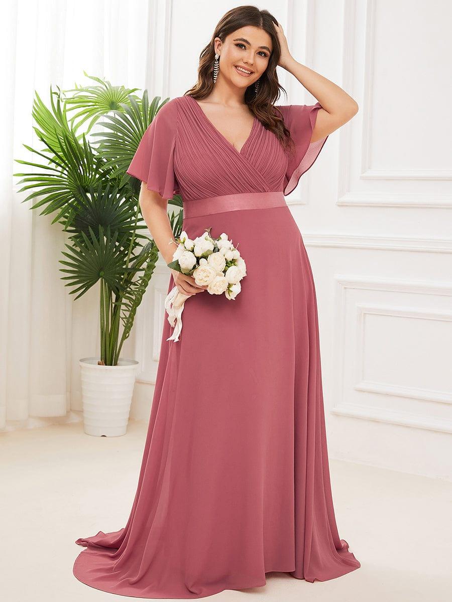 pretty MONICA|Plus Size Long Empire Waist Bridesmaid Dress with Short Flutter Sleeves - Image 100