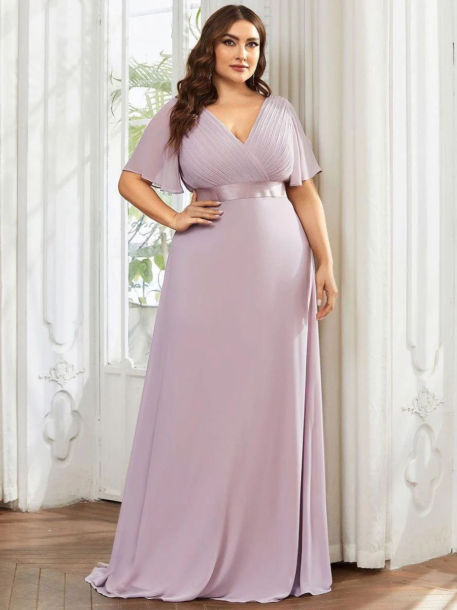 pretty MONICA|Plus Size Long Empire Waist Bridesmaid Dress with Short Flutter Sleeves - Image 101