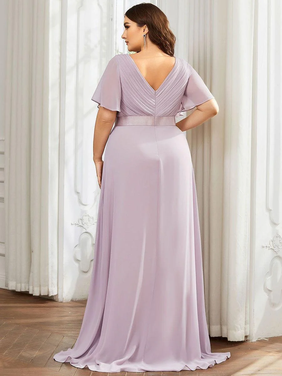 pretty MONICA|Plus Size Long Empire Waist Bridesmaid Dress with Short Flutter Sleeves - Image 102